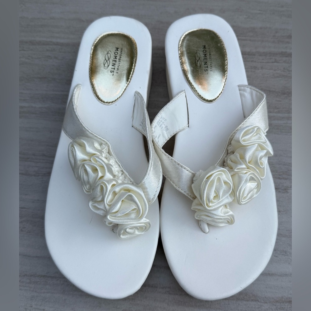 Bridal wedding day Unforgettable Moments sandals with cream satin rose accents